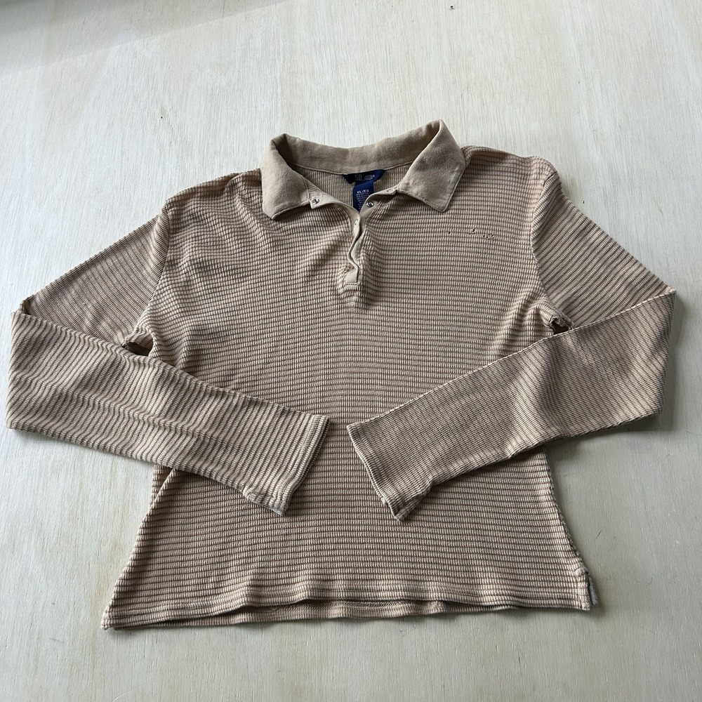 SO Polo Shirt Womens XL Beige Collared Thermal Waffle Knit Long Sleeve Top